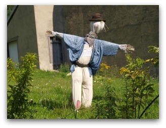 garden scarecrow with bowler-hat