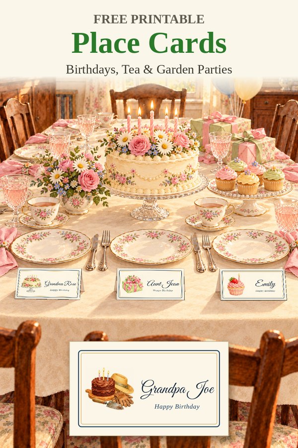 Birthday place cards on a party table with a flower-covered birthday cake, cupcakes, teacups, presents, and balloons
