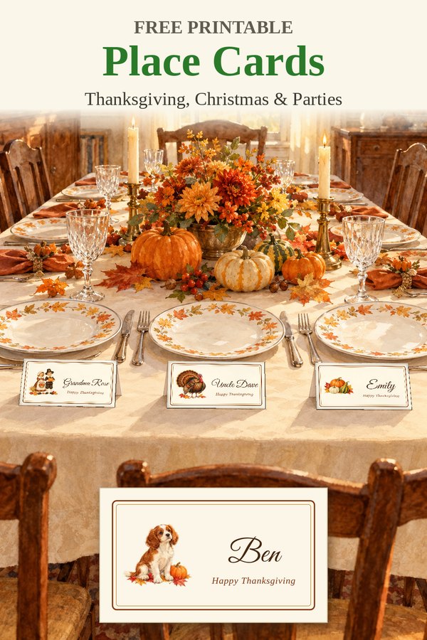 Free printable place cards: a Thanksgiving table with watercolor place cards for Grandma Rose, Uncle Dave, and Emily, with pumpkins, autumn flowers, and leaf-trimmed plates