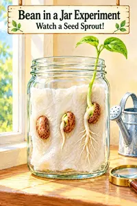 Bean in a jar experiment for kids: bean seeds sprouting roots and a green shoot against a wet paper towel in a glass jar on a sunny windowsill