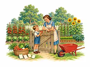 Ben's Year in the Vegetable Garden, a free printable garden story for children: a boy shows his mother a ripe tomato at the garden gate