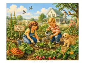 two children and their puppy working in the vegetable garden on their farm