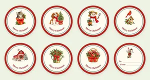 Eight round watercolor Christmas gift stickers with a red border: a tabby kitten in a pot with a red bow, a puppy in a red scarf, a gardener snowman, a cardinal on a birdhouse, a red barn in the snow, a Christmas watering can, and a gift basket of jam, each saying Merry Christmas, plus a To and From gift tag with a snowy mailbox
