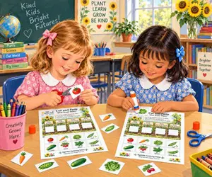 two 6 year old girls sitting at a table doing gardening cut and paste activities