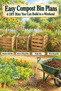 Easy compost bin plans: a wooden slat bin, wire and wood bin, pallet bin, and wire hoop bin lined up beside a vegetable garden, with a wheelbarrow of finished compost
