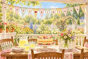 Free printable banner letters spelling Happy Birthday with a heart, on pennants in birthday, gingham, striped, and dotted papers, hanging over a garden porch party table with a flower-topped cake and lemonade