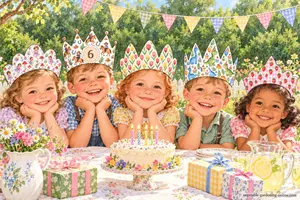 Five children wearing free printable birthday crowns at a garden birthday party: fairy, cowboy with the age 6, tulip, dinosaur, and strawberry gingham crowns