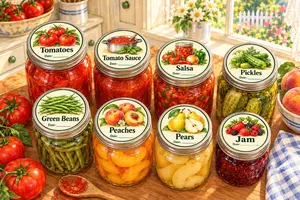 Free printable canning jar labels: eight watercolor jars on a sunny kitchen table with round lid labels for tomatoes, tomato sauce, salsa, pickles, green beans, peaches, pears, and jam, each with a date line