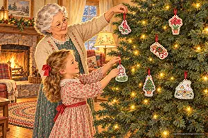 Grandmother and granddaughter hanging free printable Christmas ornaments of a snowman, cardinal, amaryllis, sled, Christmas tree, and snowy cottage on a lighted Christmas tree