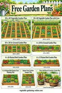 Free vegetable garden plans: 20 x 40, 20 x 40 with corn, 10 x 20, and 4 x 20 in-ground plans, 4 x 16, 4 x 12, and 4 x 8 raised bed plans, a square foot garden plan, and a three half-barrel container garden