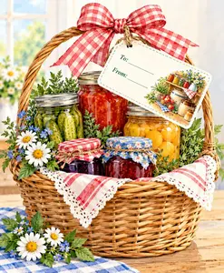 Free printable gift tag tied to a basket of home canned jam, pickles, and peaches