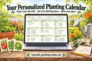 Laptop on a garden table showing the personalized vegetable planting calendar tool with month-by-month planting dates, beside seed packets, seedlings, and a watering can.