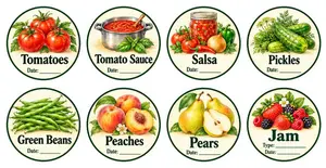 Free printable canning jar labels for tomatoes, tomato sauce, salsa, pickles, green beans, peaches, pears, and jam