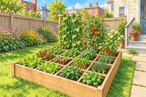 Square foot garden bed with grid