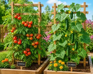 vertical garden tomato and cucumber plants