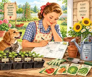 Lady gardener checking her planting calendar with seedlings for transplant nearby