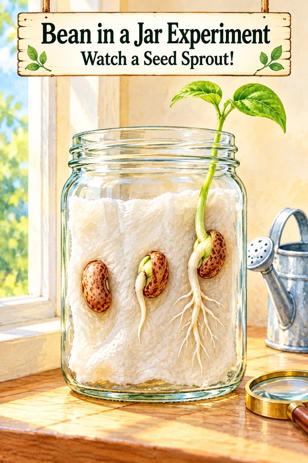 Bean in a jar experiment for kids: bean seeds sprouting roots and a green shoot against a wet paper towel in a glass jar on a sunny windowsill