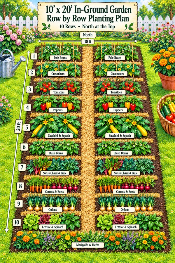 10x20 in-ground vegetable garden plan with a center straw path and 10 rows, from pole beans and cucumbers on the north end to lettuce, spinach, marigolds and herbs on the south end