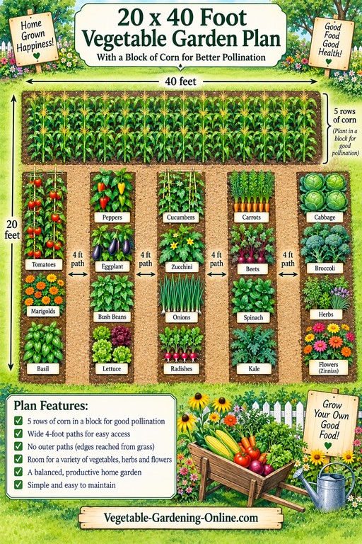 20 x 40 foot vegetable garden plan that includes 5 rows of sweet corn