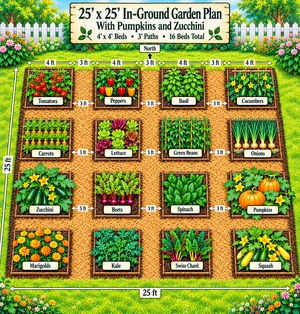 25x25 in-ground vegetable garden plan with 16 square beds of tomatoes, peppers, zucchini, pumpkins, squash, greens, root crops, and marigolds, with straw paths between them