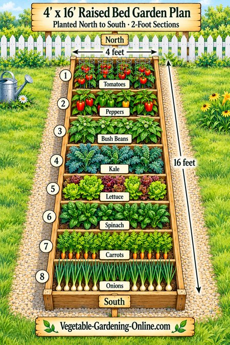 4 by 16 raised bed garden plan planted north to south in eight 2-foot sections: tomatoes, peppers, bush beans, kale, lettuce, spinach, carrots, and onions