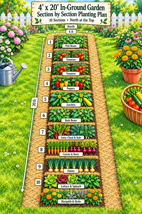 4x20 in-ground vegetable garden plan with straw paths on both sides and 10 sections, from pole beans and tomatoes on the north end to lettuce, spinach, marigolds and herbs on the south end
