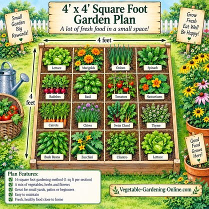 Sample square foot garden plan for a 4 x 4 bed: lettuce, tomatoes, radishes, carrots, spinach, and more