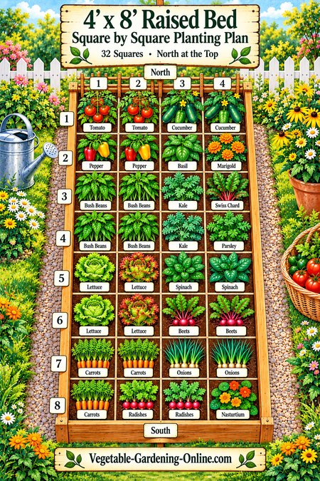 4x8 raised bed vegetable garden with tall tomatoes and climbing crops at the north end and lettuce, carrots, and radishes at the south end