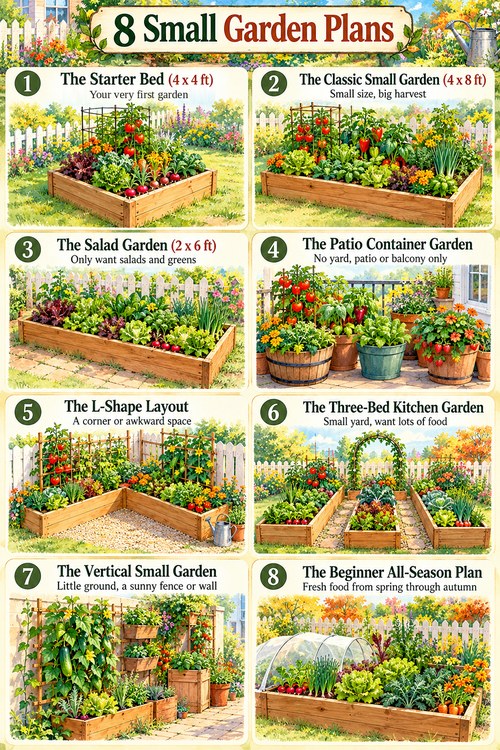 8 small vegetable garden plans, from a 4x4 starter bed and a salad garden to an L-shaped layout, a vertical garden, and an all-season raised bed