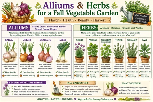 Chart of alliums and herbs to grow in a fall vegetable garden