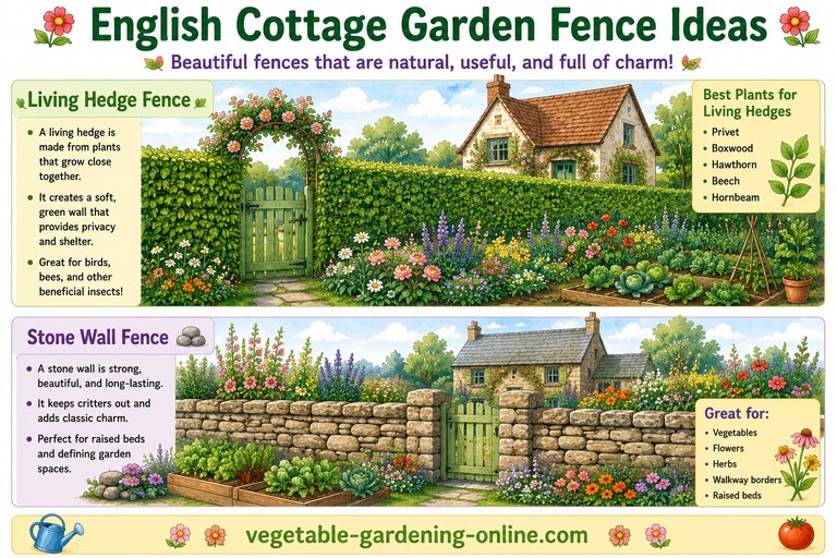 English cottage garden hedge and stone fence examples