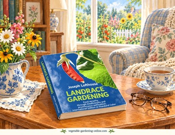 Landrace Gardening book by Joseph Lofthouse, shown on a living room table