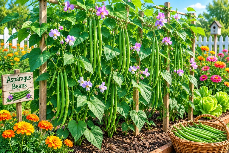 pretty asparagus bean plants blossoming in the vegetable garden