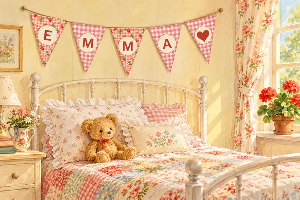 Free printable name banner spelling Emma with a heart on strawberry and pink gingham pennants, hanging above a white iron bed with a teddy bear and a patchwork quilt