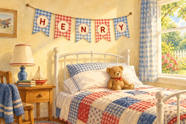 Free printable name banner spelling Henry on blue and red gingham ribbon-cut pieces, hanging above a boy's bed with a teddy bear and a patchwork quilt