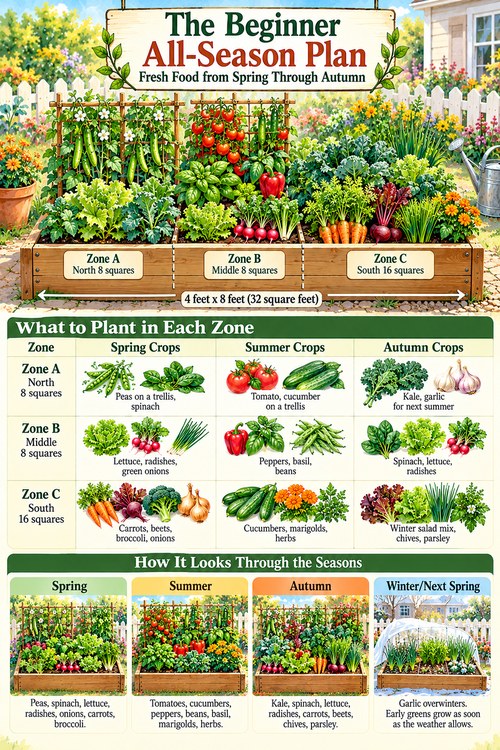 Beginner all-season garden plan showing one 4x8 raised bed in three zones, with spring, summer, and autumn crops for each zone