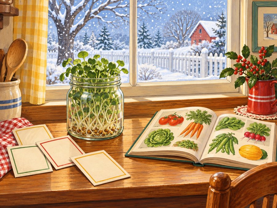 Boy's jar of sprouting seeds on a kitchen table with a seed catalog and seed packets, snow falling outside the window Boy's jar of sprouting seeds on a kitchen table with a seed catalog and seed packets, snow falling outside the window