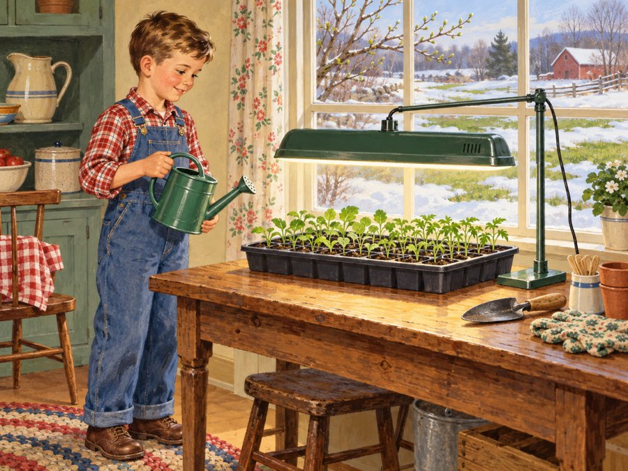 Boy watering a tray of vegetable seedlings under a grow light on the kitchen table, snow melting outside Boy watering a tray of vegetable seedlings under a grow light on the kitchen table, snow melting outside