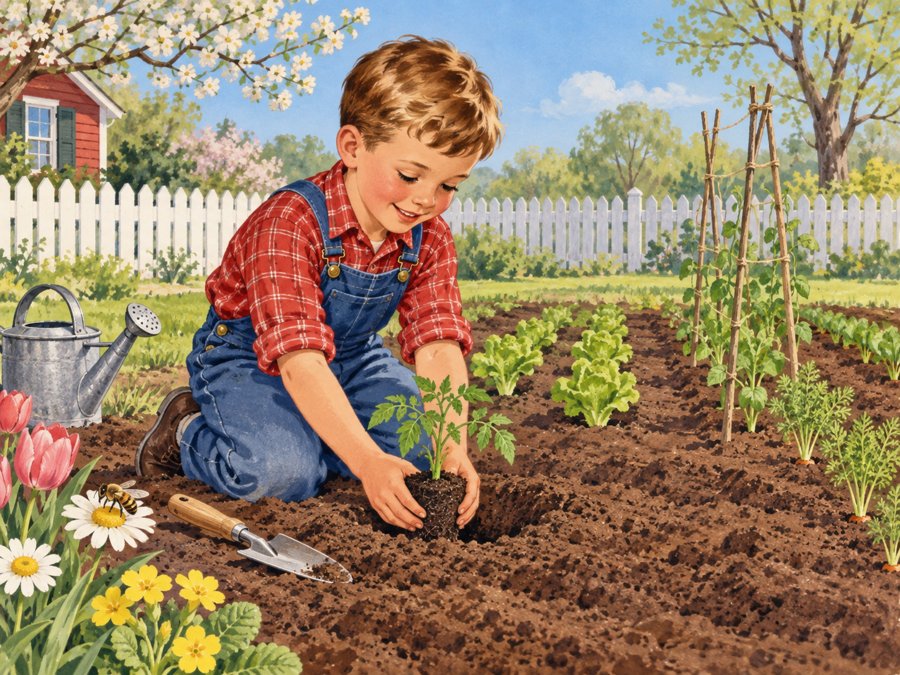 Boy kneeling in a spring garden planting a tomato seedling, with a trowel and watering can beside him Boy kneeling in a spring garden planting a tomato seedling, with a trowel and watering can beside him