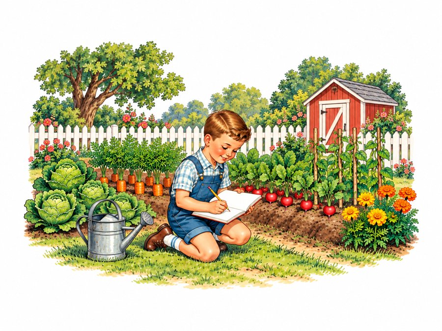 Boy kneeling in the vegetable garden writing in his garden notebook beside rows of carrots and radishes Boy kneeling in the vegetable garden writing in his garden notebook beside rows of carrots and radishes
