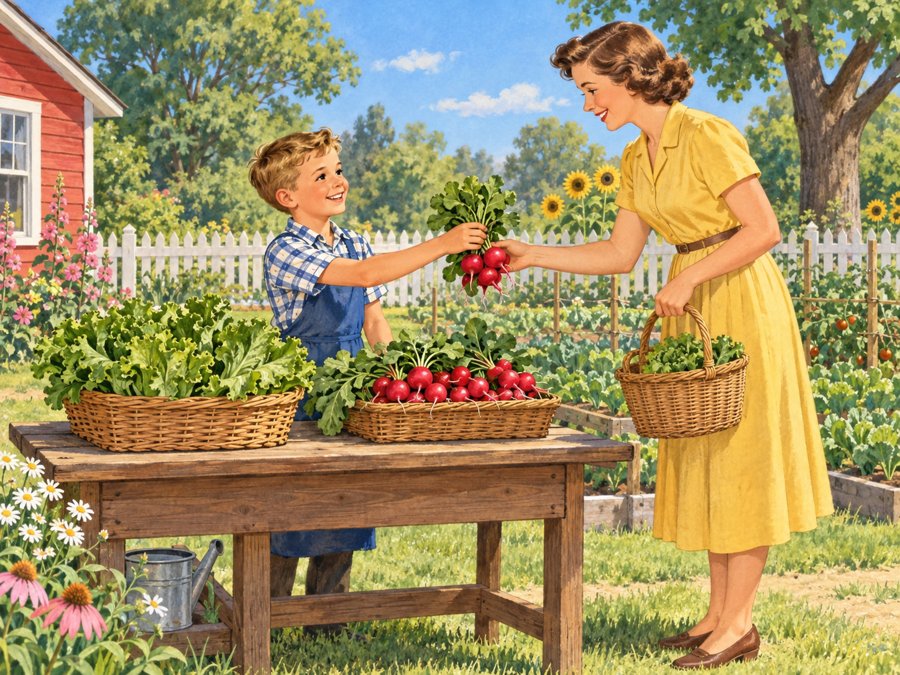 Boy handing a bunch of fresh radishes to his mother across a garden table piled with lettuce and radishes Boy handing a bunch of fresh radishes to his mother across a garden table piled with lettuce and radishes
