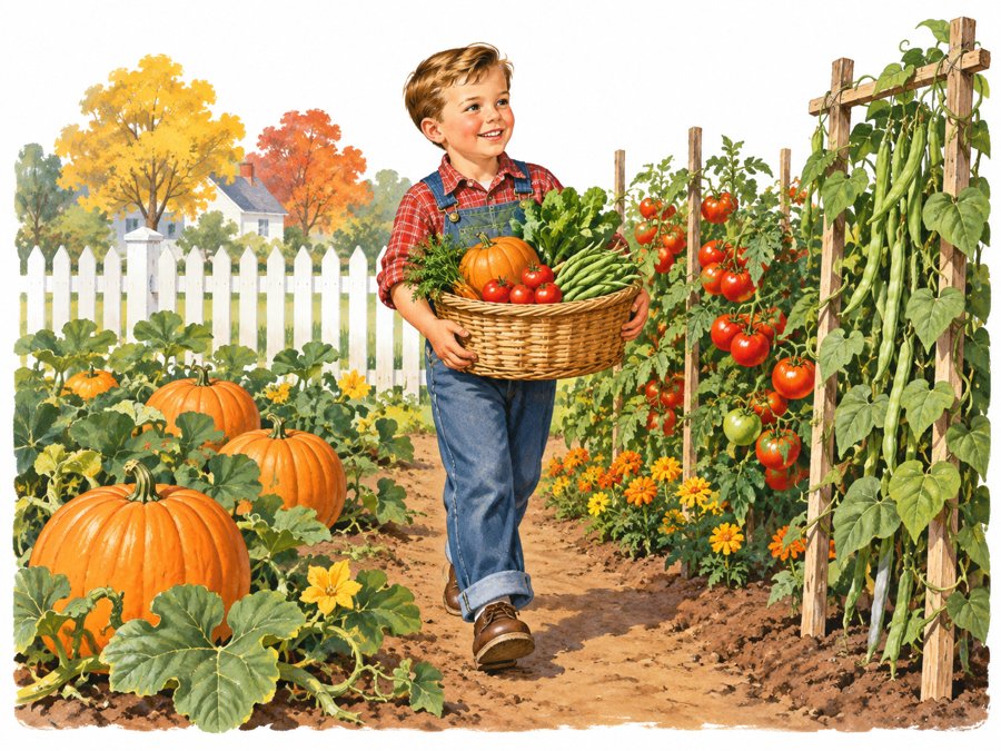 Boy carrying a basket of tomatoes, beans, and a pumpkin down a fall garden path past pumpkin vines Boy carrying a basket of tomatoes, beans, and a pumpkin down a fall garden path past pumpkin vines
