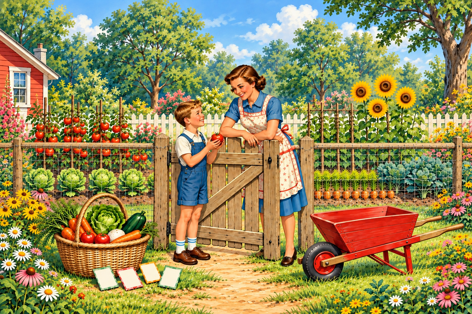 Boy holding a big red tomato at the garden gate while his mother leans over to look, red wheelbarrow beside them
