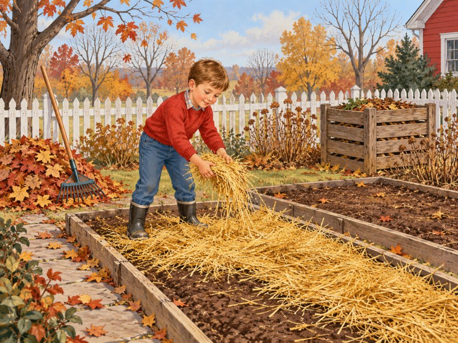 Boy spreading straw over an empty raised bed in autumn, with a rake, fallen leaves, and a compost bin behind him Boy spreading straw over an empty raised bed in autumn, with a rake, fallen leaves, and a compost bin behind him