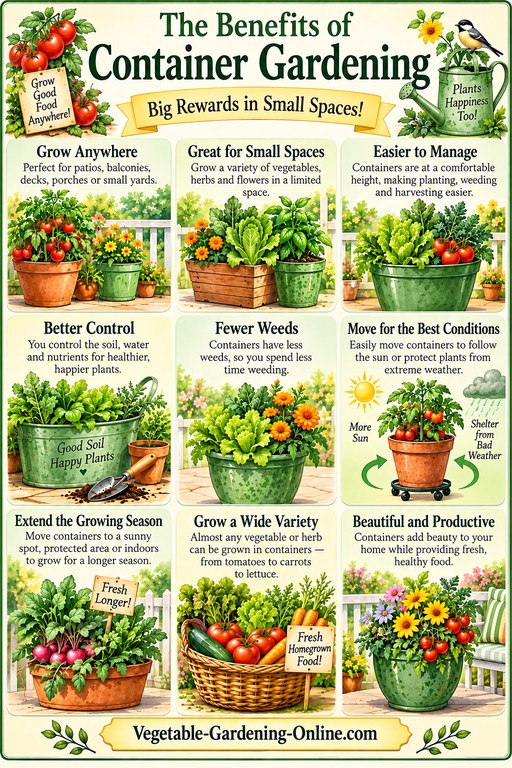 Benefits of container vegetable gardening: grow anywhere, great for small spaces, easier to manage, better control of soil, fewer weeds, move pots for sun or shelter, extend the growing season, grow a wide variety, and beautiful and productive