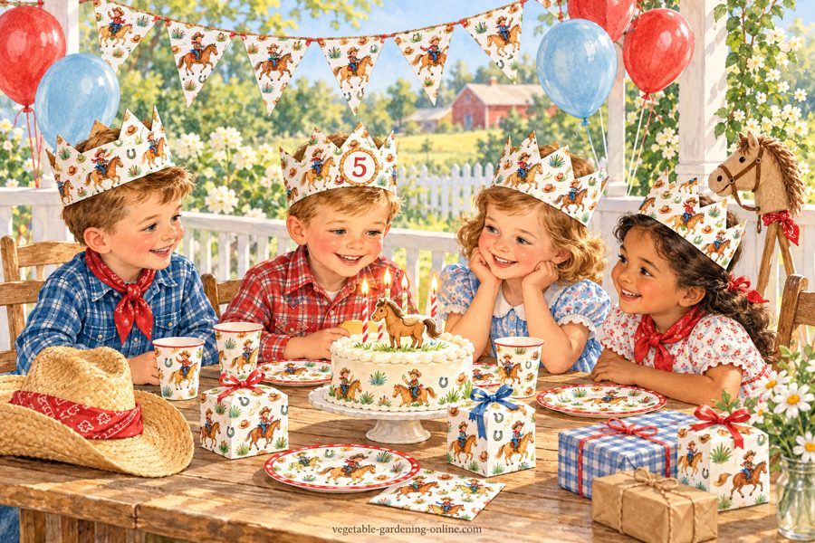 Children at a cowboy birthday party on a farmhouse porch wearing cowboy birthday crowns, under a cowboy banner, with a pony cake, balloons, and gift boxes