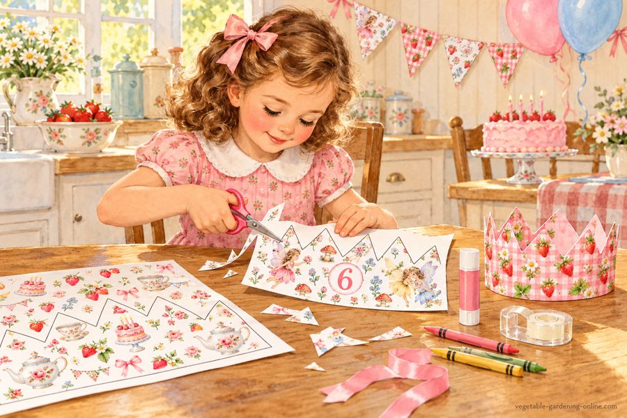 A little girl cutting out a fairy garden birthday crown with the age 6, with a strawberry tea party crown sheet, a finished strawberry gingham crown, a glue stick, tape, crayons, and pink ribbon on the kitchen table