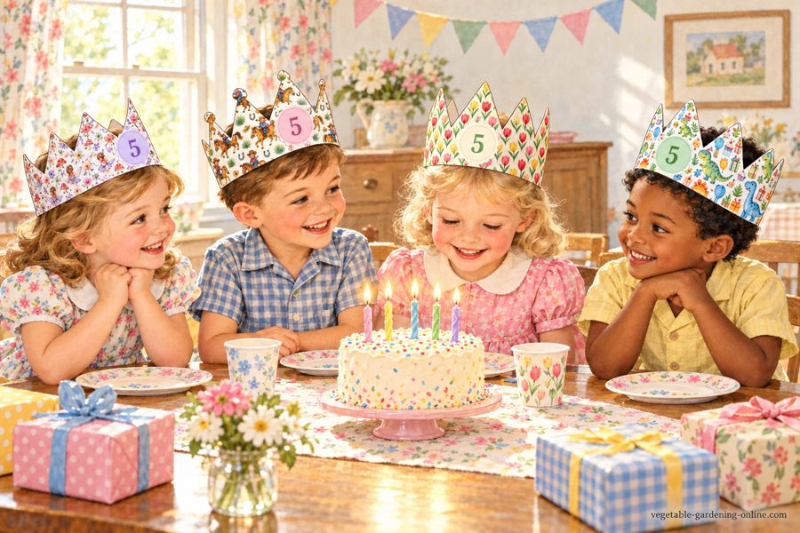 Four children at a birthday table wearing free printable birthday crowns with the age 5 in fairy, cowboy, tulip, and dinosaur papers, with a birthday cake and presents