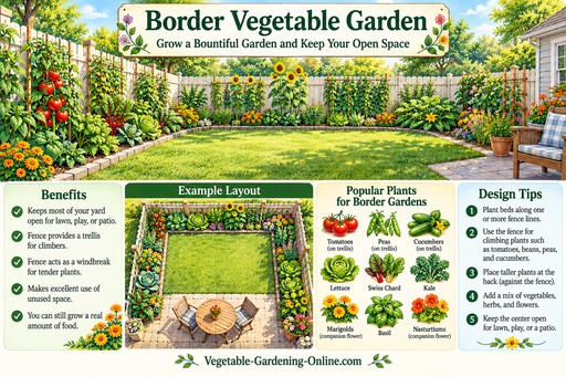 Border vegetable garden design: beds along the fence lines with climbing tomatoes, peas, and cucumbers, and an open lawn in the center