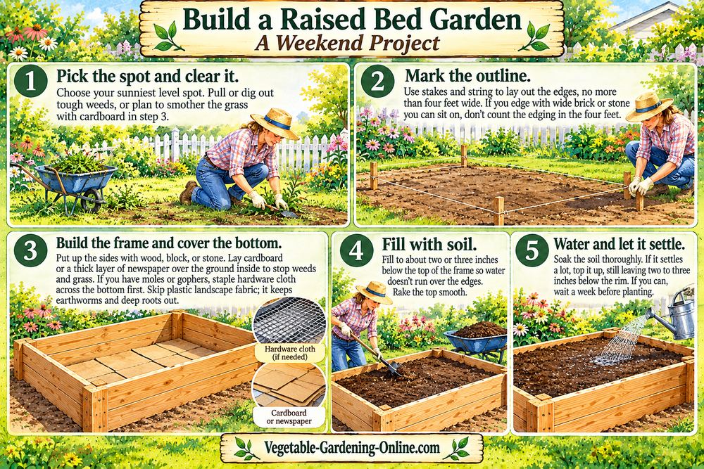 How to build a raised bed garden in a weekend: pick the spot, mark the outline, build the frame and line the bottom, fill with soil, and water and let it settle